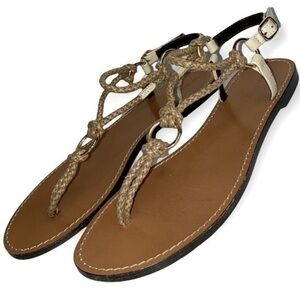 Tila March Size 38 7.5 Tan Leather Braided Ivory Patent Slingback Thong Sandals